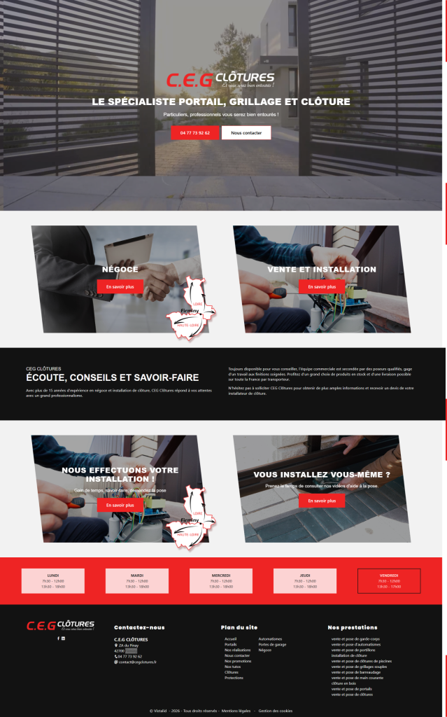 Page d'accueil du site internet CEG Clôtures, réalisé par Vistalid