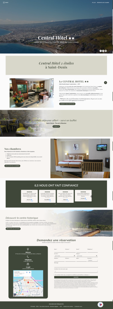 Page d'accueil du site internet Central Hôtel, réalisé par Vistalid