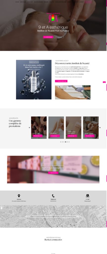 Page d'accueil du site internet 9&A Esthétique, réalisé par Vistalid