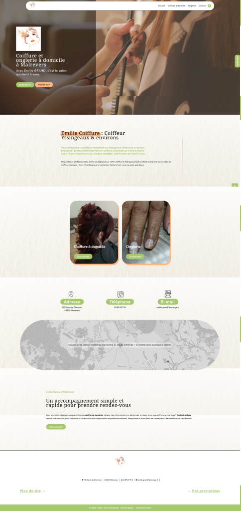 Page d'accueil du site internet Emilie Grand Coiffure, réalisé par Vistalid