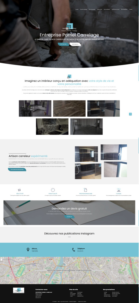 Page d'accueil du site internet Parriel Carrelage, réalisé par Vistalid